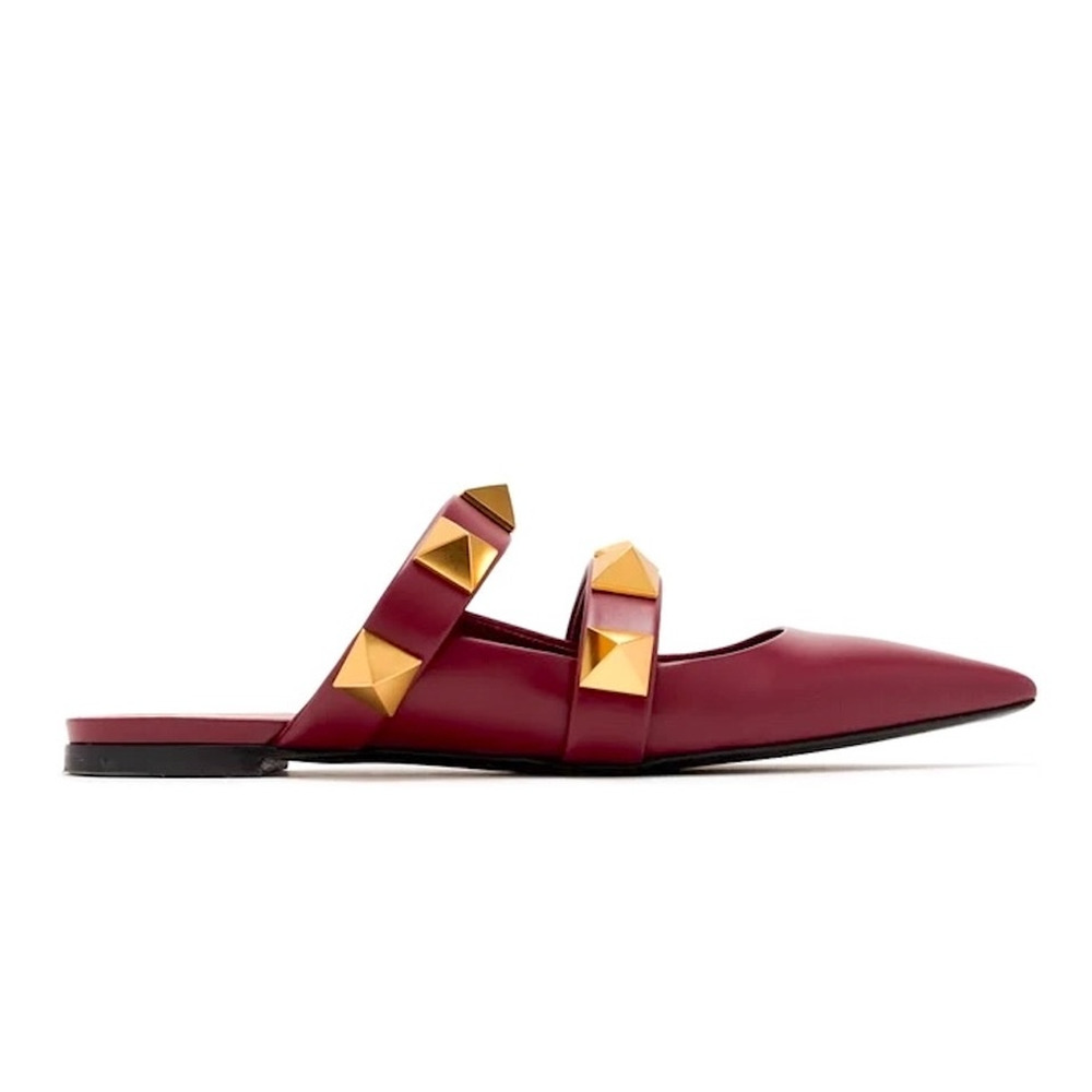 Valentino Garavani Burgundy Roman Stud Flat Leather Mules Gold 42